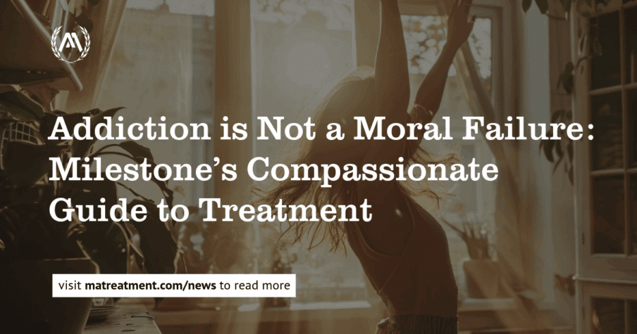 white text on a dark overlay background that says addiction is not a moral failure