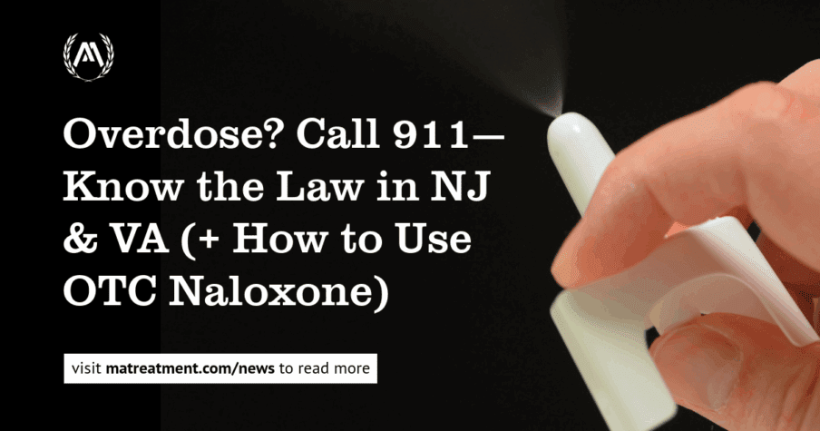 A hand administers Narcan nasal spray, representing help for an overdose under NJ & VA Good Samaritan laws.