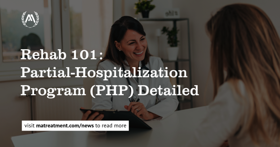 Header graphic with two women in a clinical setting. Text overlay says Rehab 101: Partial Hospitalization Plans (PHP) Detailed