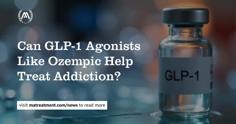 Darkened image of a glp1 vial with Can GLP-1 Agonists Like Ozempic Help Treat Addiction? written over top in white